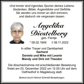 Traueranzeige von Angelika Diestelberg (geb. Flentje)  von Magdeburger Volksstimme