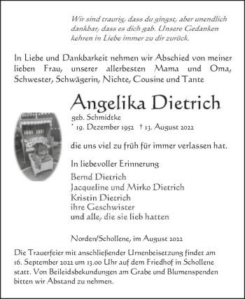 Traueranzeige von Angelika Dietrich (geb. Schmidtke)  von Magdeburger Volksstimme