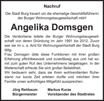 Traueranzeige von Angelika Domsgen  von Magdeburger Volksstimme