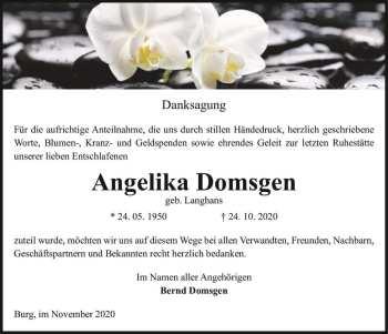 Traueranzeige von Angelika Domsgen (geb. Langhans)  von Magdeburger Volksstimme