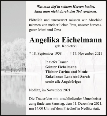 Traueranzeige von Angelika Eichelmann (geb. Kopietzki)  von Magdeburger Volksstimme