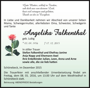 Traueranzeige von Angelika Falkenthal (geb. Lubig)  von Magdeburger Volksstimme