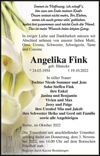 Traueranzeige von Angelika Fink (geb. Hänecke)  von Magdeburger Volksstimme