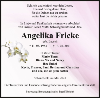 Traueranzeige von Angelika Fricke (geb. Lausch)  von Magdeburger Volksstimme