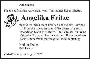 Traueranzeige von Angelika Fritze  von Magdeburger Volksstimme