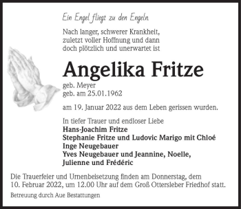 Traueranzeige von Angelika Fritze (geb. Meyer)  von Magdeburger Volksstimme