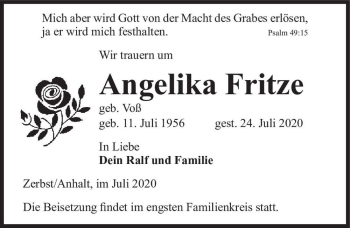 Traueranzeige von Angelika Fritze (geb. Voß)  von Magdeburger Volksstimme