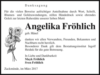 Traueranzeige von Angelika Fröhlich (geb. Hänel)  von Magdeburger Volksstimme