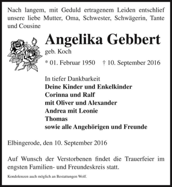 Traueranzeige von Angelika Gebbert (geb. Koch)  von Magdeburger Volksstimme