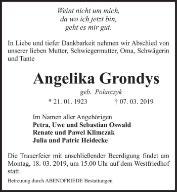 Traueranzeige von Angelika Grondys (geb. Polarczyk)  von Magdeburger Volksstimme