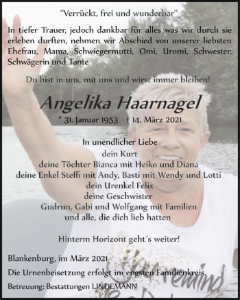 Traueranzeige von Angelika Haarnagel  von Magdeburger Volksstimme