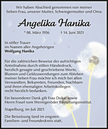 Traueranzeige von Angelika Hanika  von Magdeburger Volksstimme