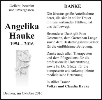 Traueranzeige von Angelika Hauke  von Magdeburger Volksstimme