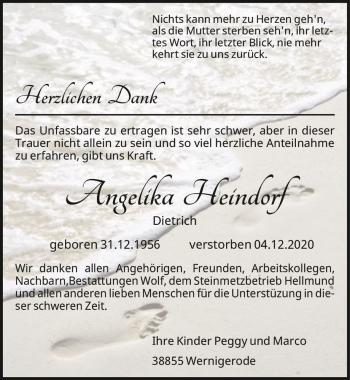 Traueranzeige von Angelika Heindorf (geb. Dietrich)  von Magdeburger Volksstimme