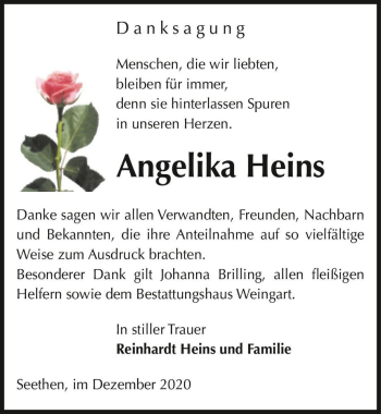 Traueranzeige von Angelika Heins  von Magdeburger Volksstimme