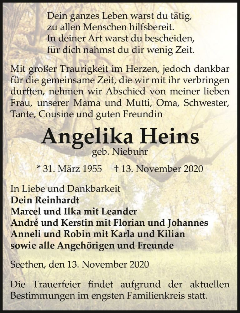  Traueranzeige für Angelika Heins (geb. Niebuhr)  vom 17.11.2020 aus Magdeburger Volksstimme