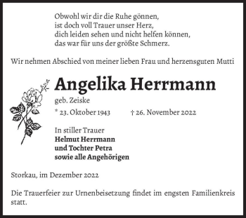 Traueranzeige von Angelika Herrmann (geb. Zeiske)  von Magdeburger Volksstimme