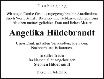 Traueranzeige von Angelika Hildebrandt  von Magdeburger Volksstimme