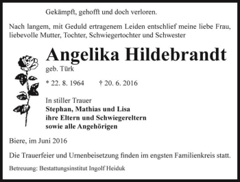 Traueranzeige von Angelika Hildebrandt (geb. Türk)  von Magdeburger Volksstimme