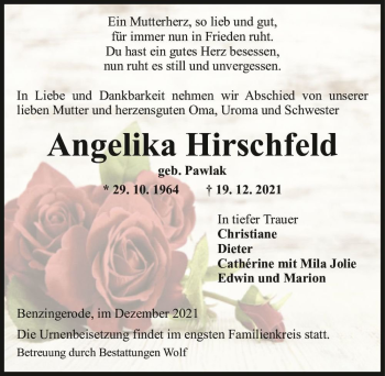 Traueranzeige von Angelika Hirschfeld (geb. Pawlak)  von Magdeburger Volksstimme