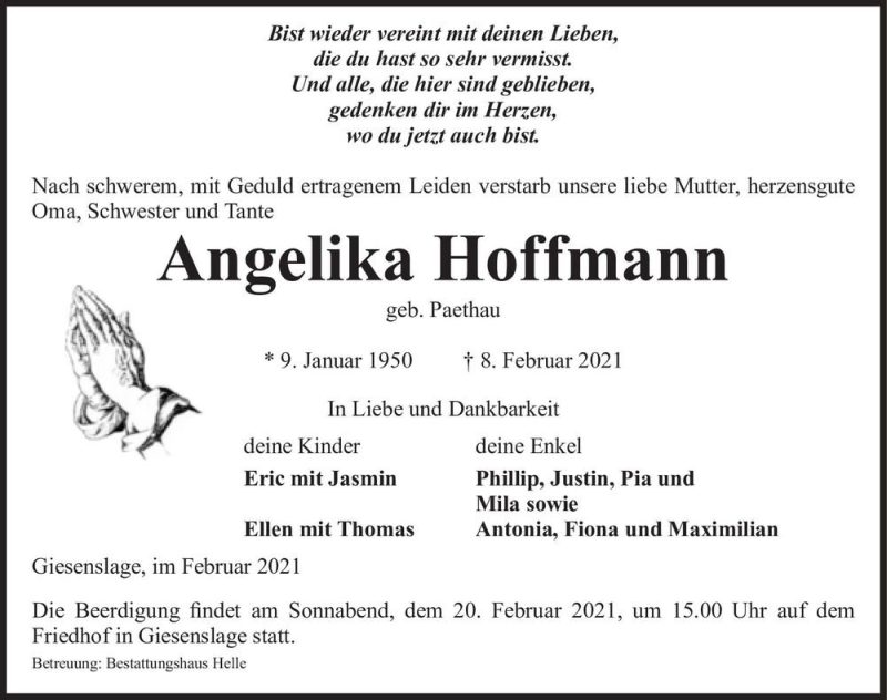  Traueranzeige für Angelika Hoffmann (geb. Paethau)  vom 12.02.2021 aus Magdeburger Volksstimme