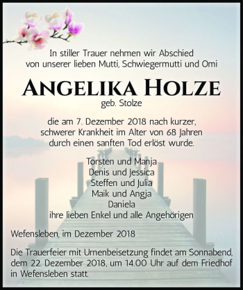 Traueranzeige von Angelika Holze (geb. Stolze)  von Magdeburger Volksstimme