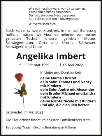 Traueranzeige von Angelika Imbert  von Magdeburger Volksstimme