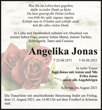 Traueranzeige von Angelika Jonas  von Magdeburger Volksstimme