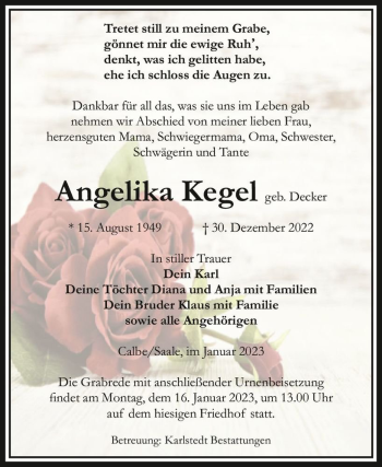 Traueranzeige von Angelika Kegel (geb. Decker)  von Magdeburger Volksstimme
