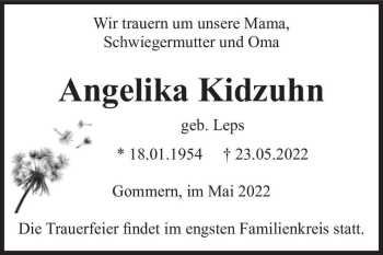 Traueranzeige von Angelika Kidzuhn (geb. Leps)  von Magdeburger Volksstimme
