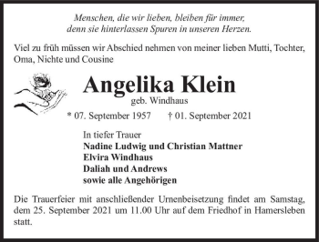 Traueranzeige von Angelika Klein (geb. Windhaus)  von Magdeburger Volksstimme
