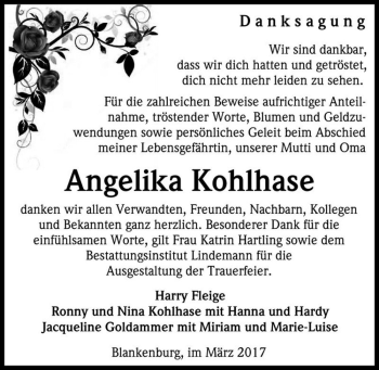 Traueranzeige von Angelika Kohlhase  von Magdeburger Volksstimme