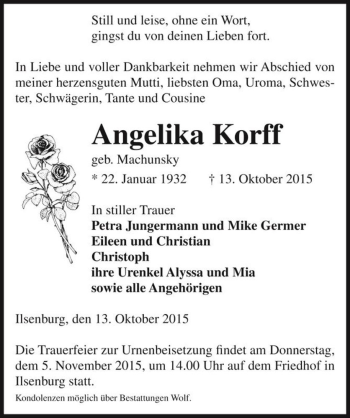 Traueranzeige von Angelika Korff (geb. Machunsky)  von Magdeburger Volksstimme