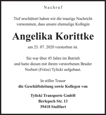 Traueranzeige von Angelika Korittke  von Magdeburger Volksstimme