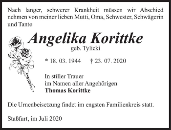 Traueranzeige von Angelika Korittke (geb. Tylicki)  von Magdeburger Volksstimme