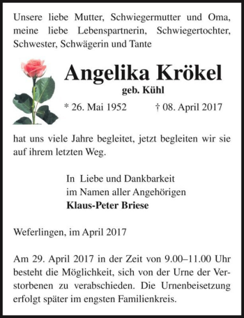 Traueranzeige von Angelika Krökel (geb. Kühl)  von Magdeburger Volksstimme