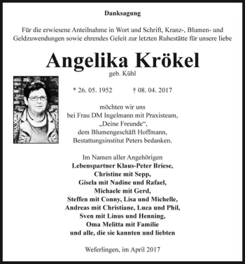 Traueranzeige von Angelika Krökel (geb. Kühl)  von Magdeburger Volksstimme