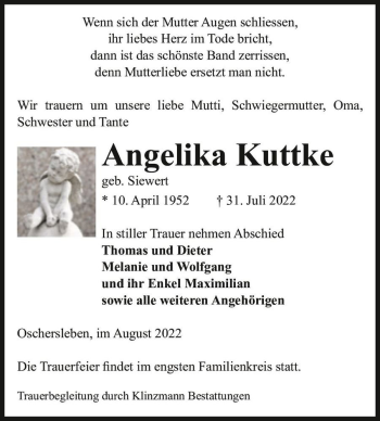 Traueranzeige von Angelika Kuttke (geb. Siewert)  von Magdeburger Volksstimme