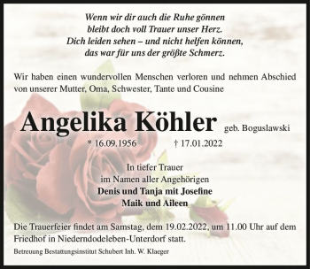 Traueranzeige von Angelika Köhler (geb. Boguslawski)  von Magdeburger Volksstimme