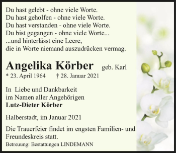 Traueranzeige von Angelika Körber (geb. Karl)  von Magdeburger Volksstimme