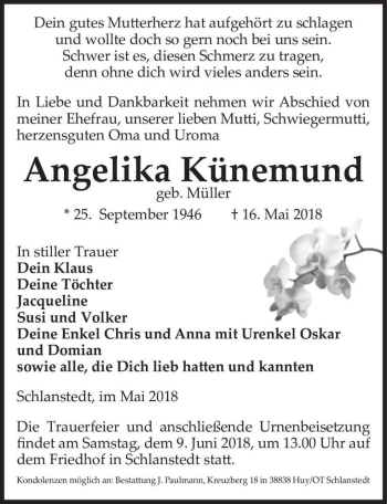 Traueranzeige von Angelika Künemund (geb. Müller)  von Magdeburger Volksstimme