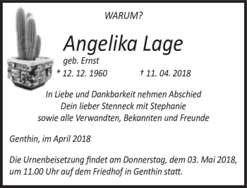 Traueranzeige von Angelika Lage geb. Ernst  von Magdeburger Volksstimme