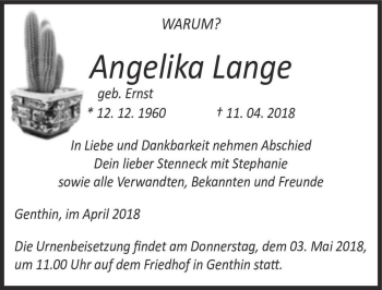 Traueranzeige von Angelika Lange (geb. Ernst)  von Magdeburger Volksstimme