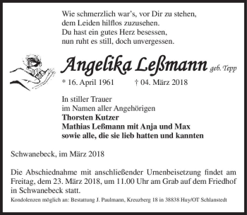 Traueranzeige von Angelika Leßmann (geb. Tepp)  von Magdeburger Volksstimme
