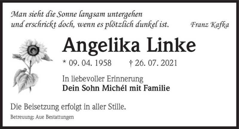  Traueranzeige für Angelika Linke  vom 31.07.2021 aus Magdeburger Volksstimme