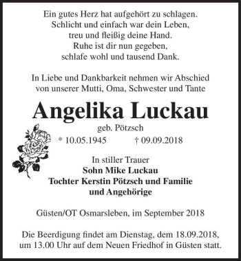 Traueranzeige von Angelika Luckau (geb. Pötzsch)  von Magdeburger Volksstimme