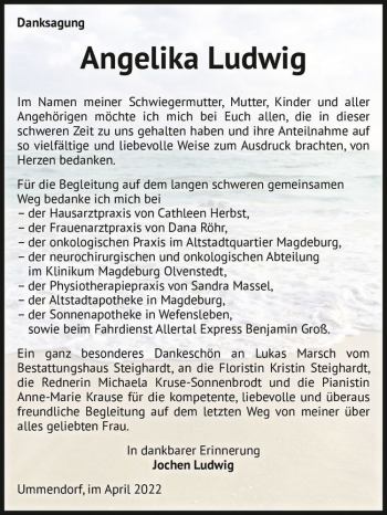 Traueranzeige von Angelika Ludwig  von Magdeburger Volksstimme