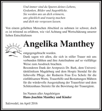 Traueranzeige von Angelika Manthey  von Magdeburger Volksstimme