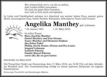 Traueranzeige von Angelika Manthey (geb. Lehmann)  von Magdeburger Volksstimme
