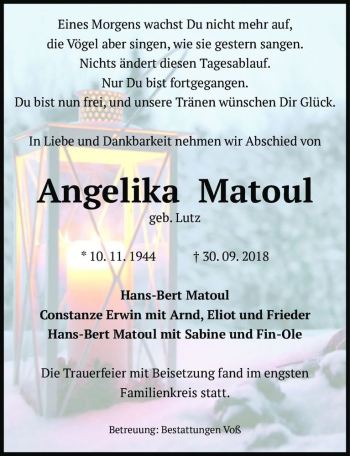 Traueranzeige von Angelika Matoul (geb. Lutz)  von Magdeburger Volksstimme